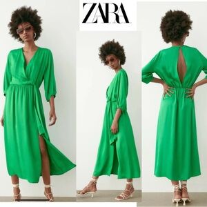Zara Green faux wrap knot tie sash long sleeve A-line midi maxi dress Sz L NWOT